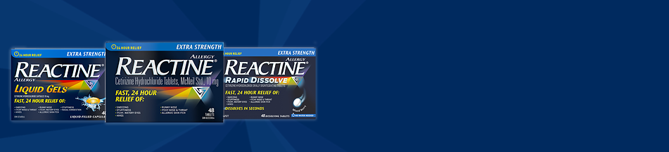 Banner including front shot of three REACTINE® Extra Strength Allergy Products